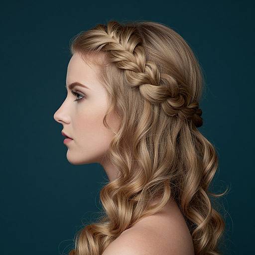 Side profile photograph of a fair-skinned woman with intricate blonde braided crown and loose curls, against a dark blue background.