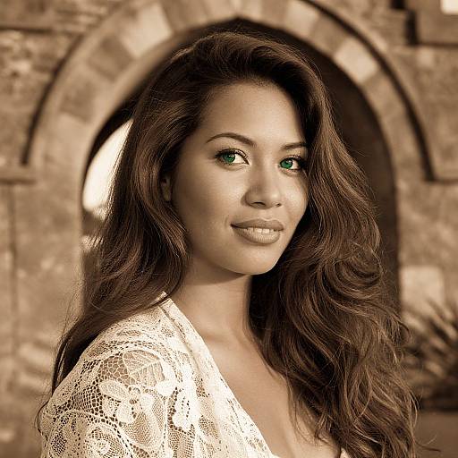 Photograph of a beautiful woman with long, wavy brown hair, green eyes, and lace top, standing against a blurred stone archway. Sep