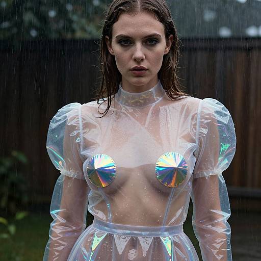 Photograph of a wet, fair-skinned woman with dark hair wearing a transparent, puffy-sleeved, see-through plastic dress with irides
