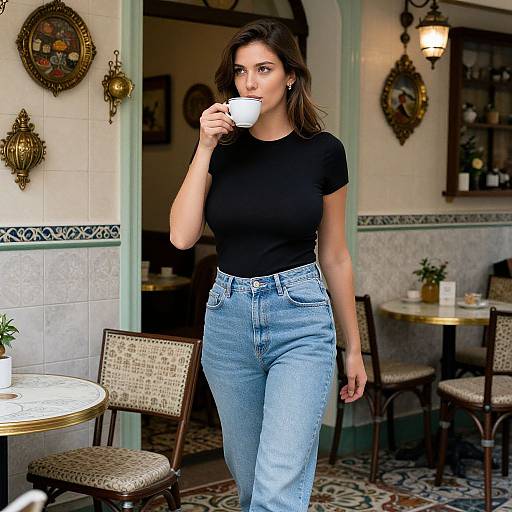 Photograph of a young woman with long brown hair, wearing a black t-shirt and high-waisted blue jeans, sipping from a white cup