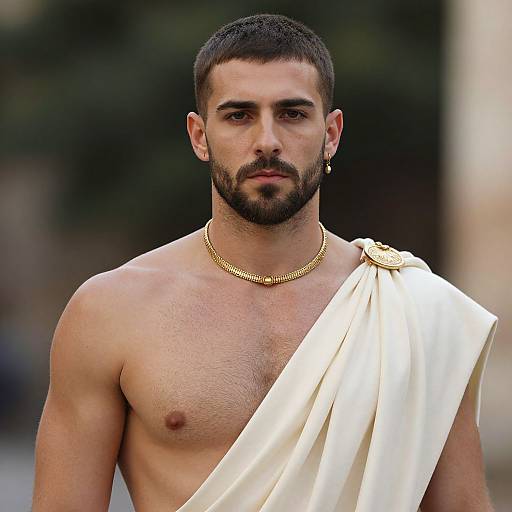 Photograph of a muscular, bearded man with short dark hair, wearing a white toga and gold necklace, with a serious expression, against a