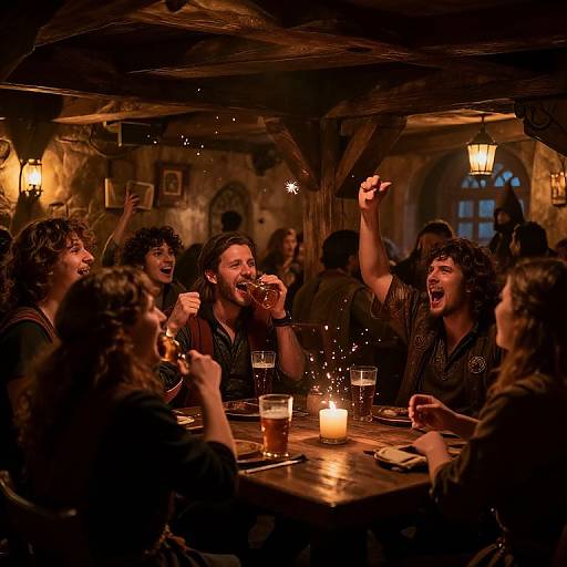 Photograph of a group of laughing, bearded men with curly hair, drinking beer at a dimly lit, rustic wooden bar. Candles and