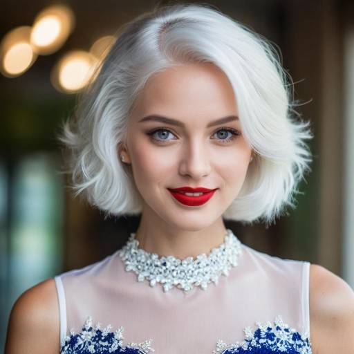 Portrait of Woman with Short White Hair and Red Lipstick