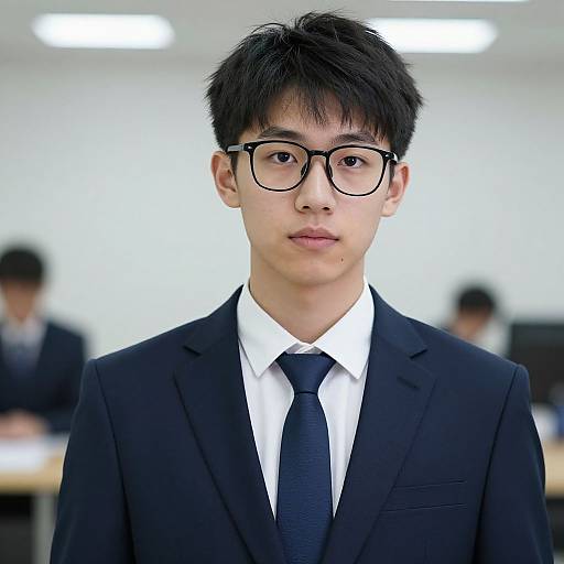 Photograph of an Asian male with short black hair, wearing black glasses, a black suit, white shirt, and black tie, standing in a brightly