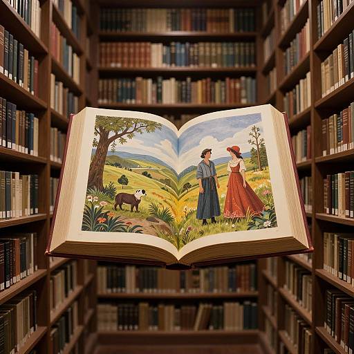 Magical library scene: open book floats mid-air, illustrating a pastoral landscape with a man, woman in red dress, and goat. Bookshelves