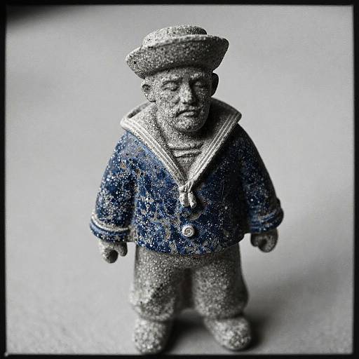 Photograph of a small, textured stone figurine of an elderly man with a hat, blue jacket, and white collar, standing on a gray background