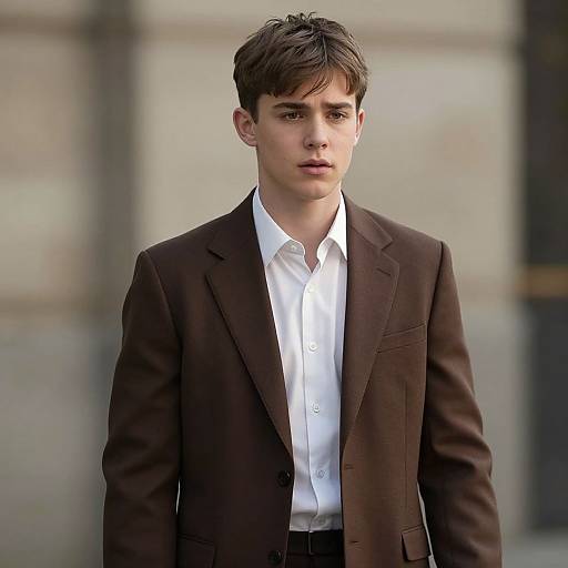 Photograph of a young man with short brown hair, wearing a brown blazer over a white dress shirt, standing outdoors against a blurred urban background.