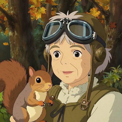 Digital illustration of a young person with white hair, goggles, and headset, smiling beside a brown squirrel in a forest with autumn leaves.