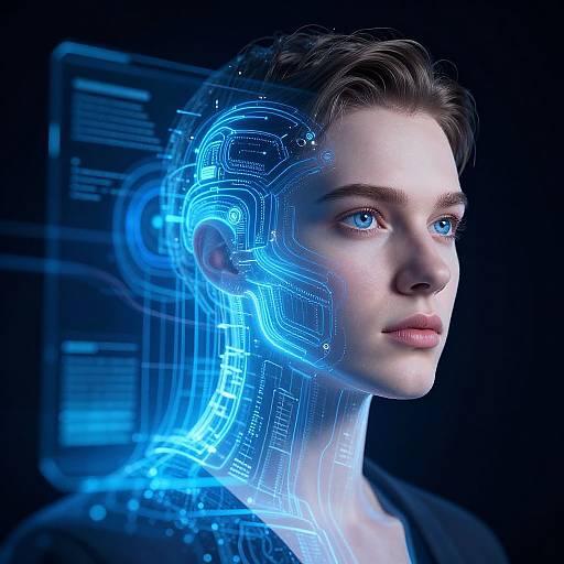 Photorealistic digital artwork of a fair-skinned woman with blue eyes, short brown hair, and glowing blue neural circuits overlaying her head against a