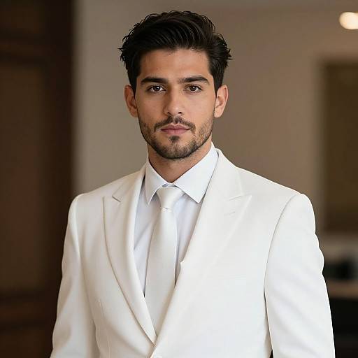 Photograph of a handsome, dark-haired man with a trimmed beard wearing a white suit and white shirt, standing against a blurred indoor background.