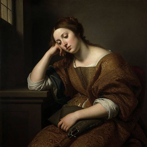 Photograph-style digital painting of a melancholic woman with fair skin, dark brown hair, wearing a brown patterned dress, resting her head on her