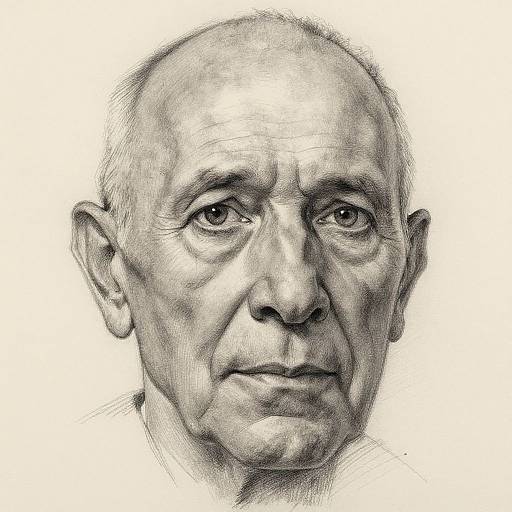 Black-and-white pencil drawing of an elderly bald man with wrinkles, prominent nose, and serious expression, viewed from the front.