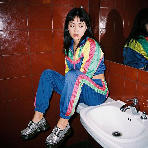 Asian woman with black hair, wearing colorful tracksuit, sitting on sink in red-tiled bathroom, looking tired, silver patterned shoes, mirror reflection