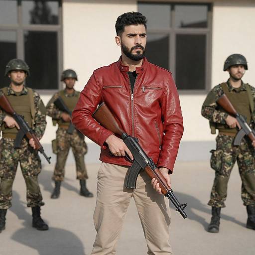Man in Red Leather Jacket Holding Rifle with Soldiers in Background