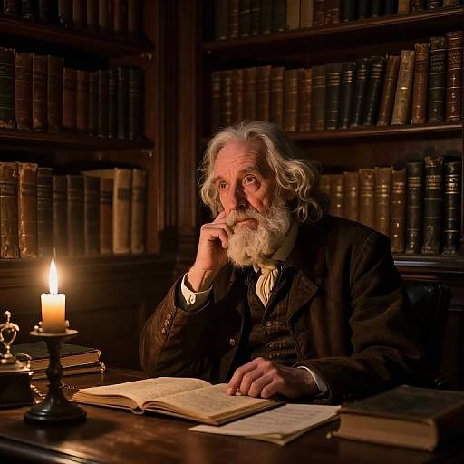 Photograph of an elderly white man with long white hair and beard, wearing a dark suit, sitting in a dimly lit, wooden bookshelf library