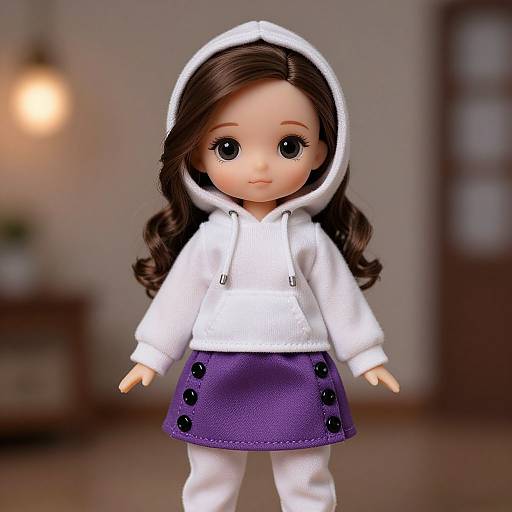 Photograph of a doll with long brown hair, wearing a white hoodie, purple skirt with black buttons, and white pants. Blurred indoor background with