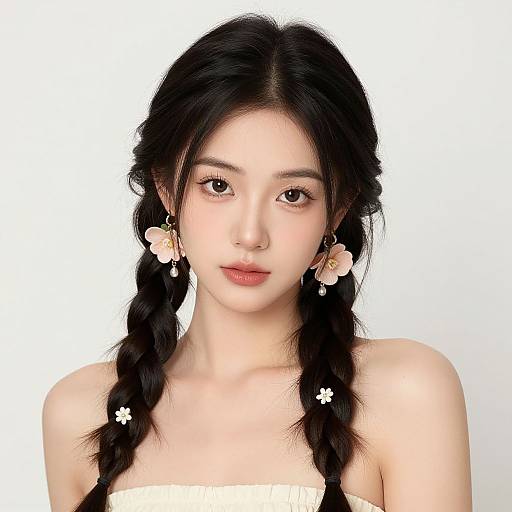 Photograph of an East Asian woman with fair skin, black braided hair, white flower earrings, and a strapless white top, against a plain