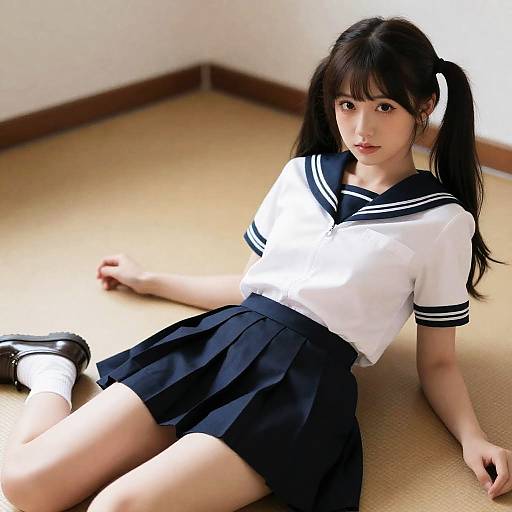 Young Woman in Japanese School Uniform Lying Down Indoors