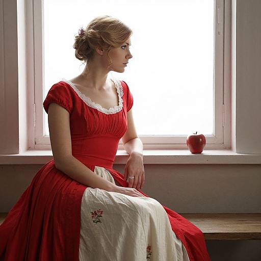 Photograph of a blonde woman in a red and white Victorian-style dress, sitting by a sunlit window, with a red apple on the windowsill