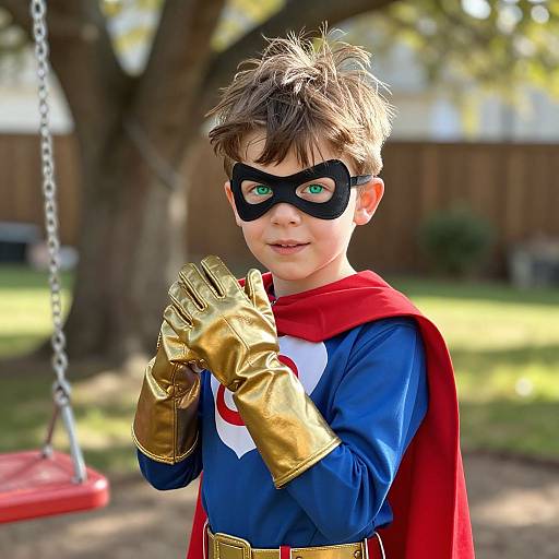 Young Boy in Detailed Superhero Costume