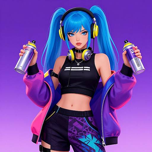 Digital anime-style drawing of a blue-haired girl with twin tails, wearing headphones, black crop top, and purple jacket, holding two cans against a purple