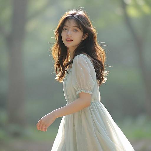 Photograph of an Asian woman with long brown hair in a light green, semi-sheer dress, standing in a sunlit forest.