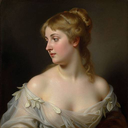 Classical portrait painting of a fair-skinned woman with wavy blonde hair, gazing to the left, dressed in a sheer, off-should