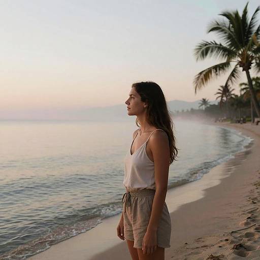 Photograph of a young woman with long brown hair, wearing a white tank top and beige shorts, standing on a serene, palm-lined beach at sunset