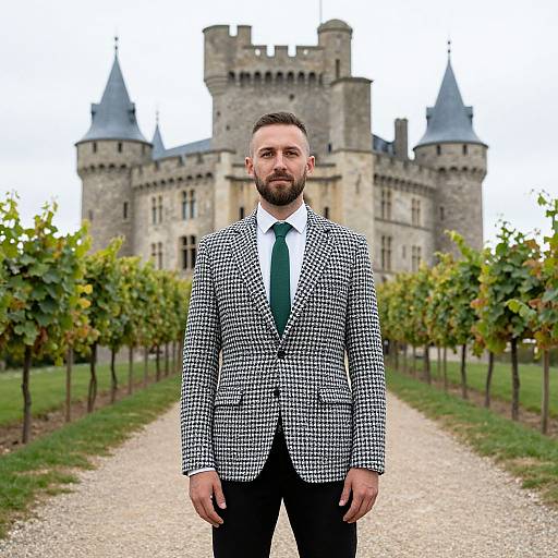 Photograph of a bearded man in a black-and-white checkered suit, white shirt, green tie, standing on a gravel path with vineyard