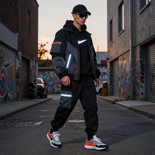 Photograph of a young man in black outfit, Nike sneakers, and cap, walking down a graffiti-covered urban alley at sunset.