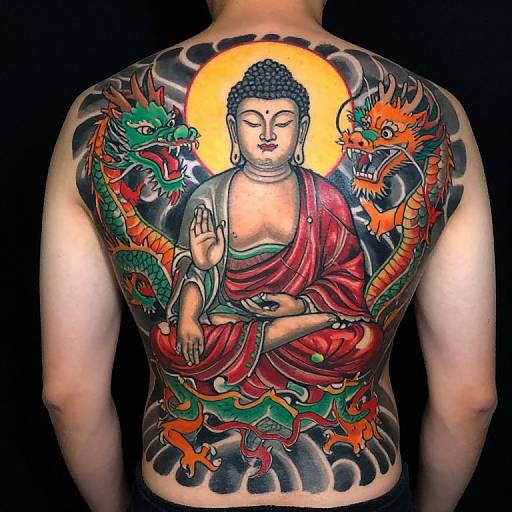 Tattooed back of a person featuring a serene Buddha with closed eyes, surrounded by vibrant green and orange dragons, against a black background.