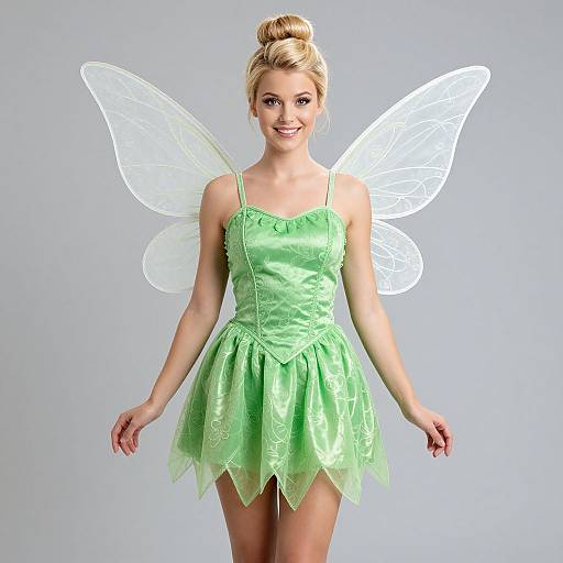 Photograph of a smiling blonde woman in a green fairy costume with transparent wings, wearing a sparkly, strapless dress and a bun hairstyle, against