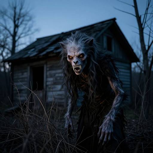 Photograph of a menacing werewolf with wild gray fur, sharp teeth, and glowing eyes standing in front of a dilapidated, dark wooden house