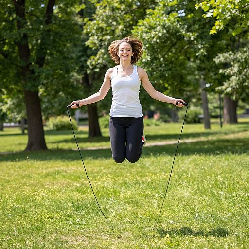 Photograph of a smiling, brown-haired woman in a white tank top and black pants, jumping rope in a sunny, green park.