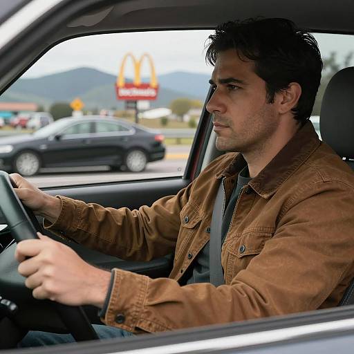Man Driving on Highway with McDonald's Sign