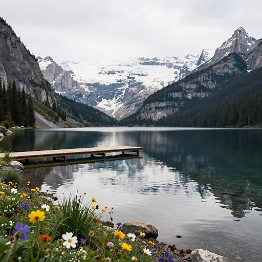 Photograph of a serene mountain lake with a wooden dock, surrounded by colorful flowers, reflecting snowy peaks under a cloudy sky.