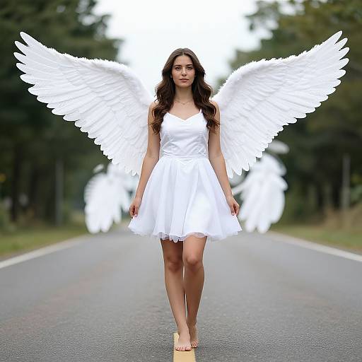 Photograph of a young woman with long brown hair, wearing a white dress and large white angel wings, walking on a deserted road with blurred green trees