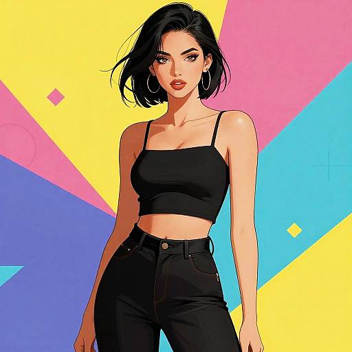 Digital illustration of a confident woman with black bob, wearing a black crop top and high-waisted black pants, against a vibrant yellow, pink,