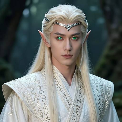CGI image of an androgynous elf with long platinum blonde hair, green eyes, pointed ears, wearing a silver headpiece and white,