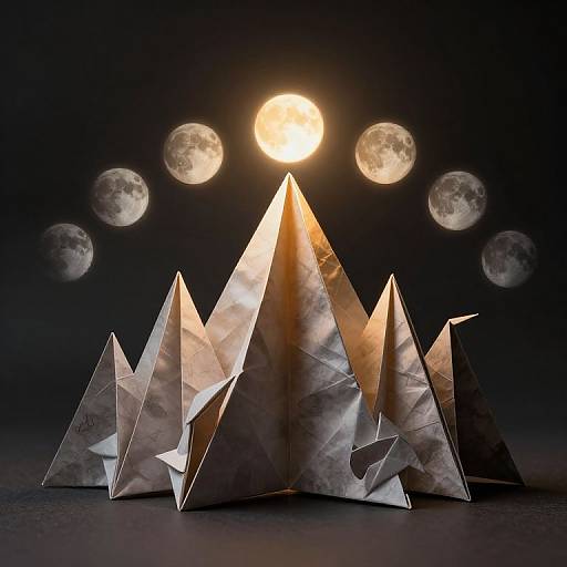 Photograph of five silver, geometric, paper-like triangles under a glowing full moon with six smaller moons surrounding it in the dark night sky.