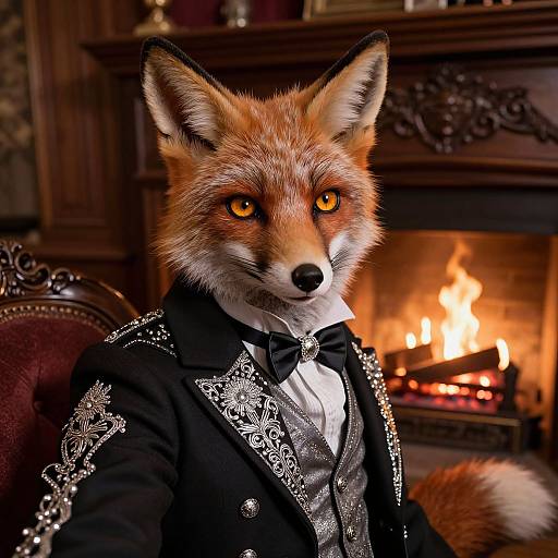 Photorealistic digital artwork of a regal anthropomorphic fox with orange fur and yellow eyes, wearing an ornate black and silver suit, seated in