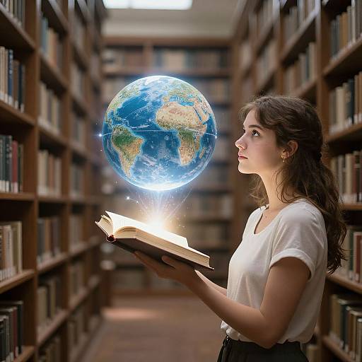 Photograph of a young woman with long brown hair in a white shirt, holding an open book, with a glowing Earth hovering above it in a library