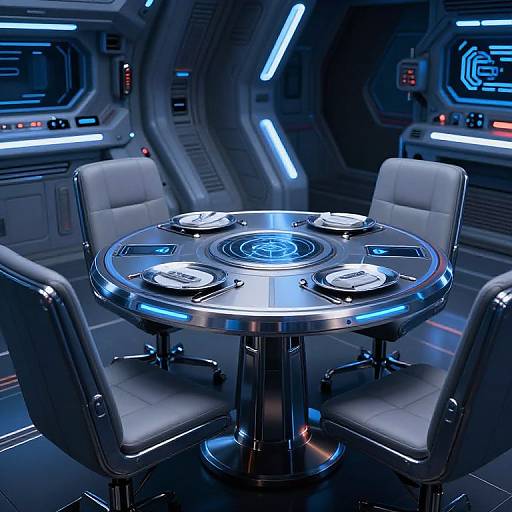 Photograph of a futuristic spaceship dining table with four white leather chairs, glowing blue circular centerpiece, and four white plates.