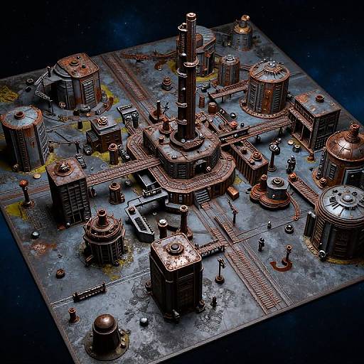 Detailed CGI rendering of an industrial, futuristic factory layout with rusted cylindrical and rectangular buildings, tracks, and pipes, set against a dark, starry