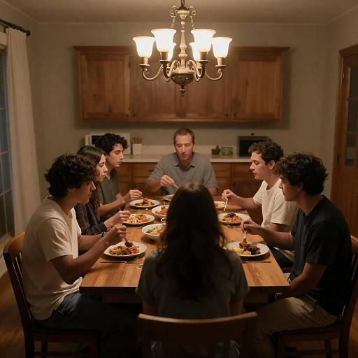 Cozy Dinner Gathering Under Chandelier