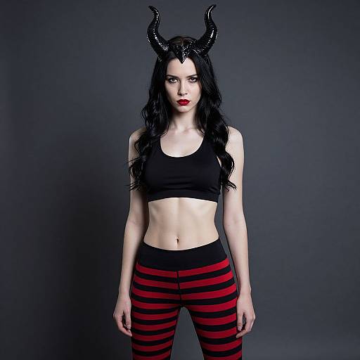 Photograph of pale-skinned woman with black horns, long black hair, red lipstick, black sports bra, and red-black striped pants, against dark