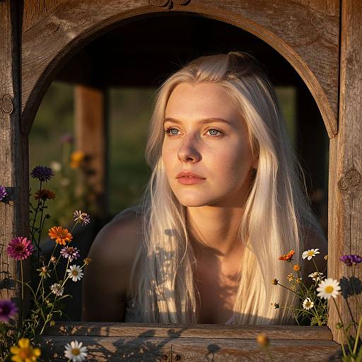 Photograph of a blonde woman with fair skin, gazing thoughtfully through a wooden arch window, surrounded by colorful wildflowers in soft sunlight.