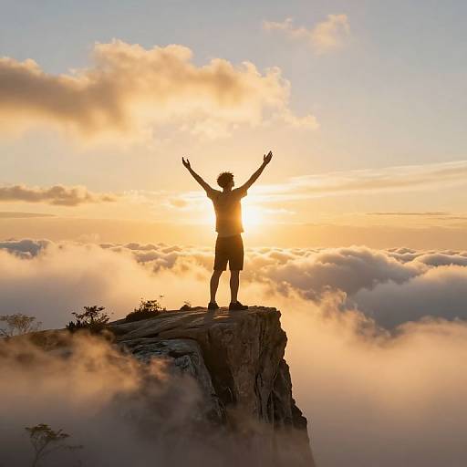 Silhouetted person with arms raised, standing on cliff edge at sunrise, surrounded by clouds, golden sunlight, and serene sky.