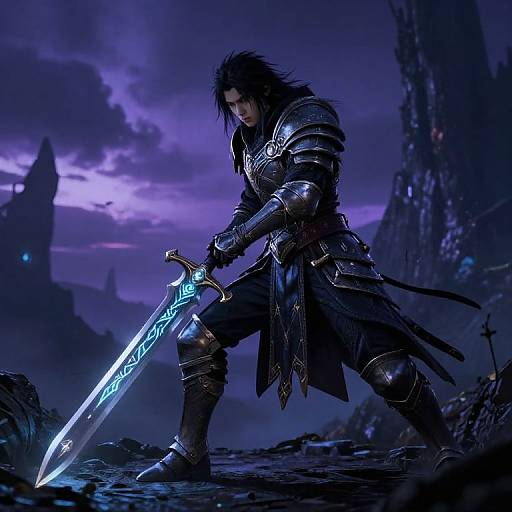 Dark-haired warrior in ornate armor wields glowing blue sword in a stormy, purple-hued, ruined landscape. Digital artwork. Powerful, epic