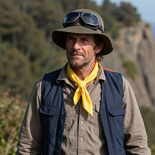 Photograph of a rugged, middle-aged man with a weathered face, wearing a green hat with goggles, yellow neckerchief, and dark vest